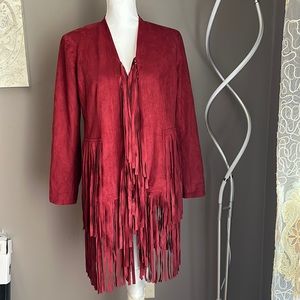 Vakko for INC long fringe hem faux suede jacket coat women small ruby red